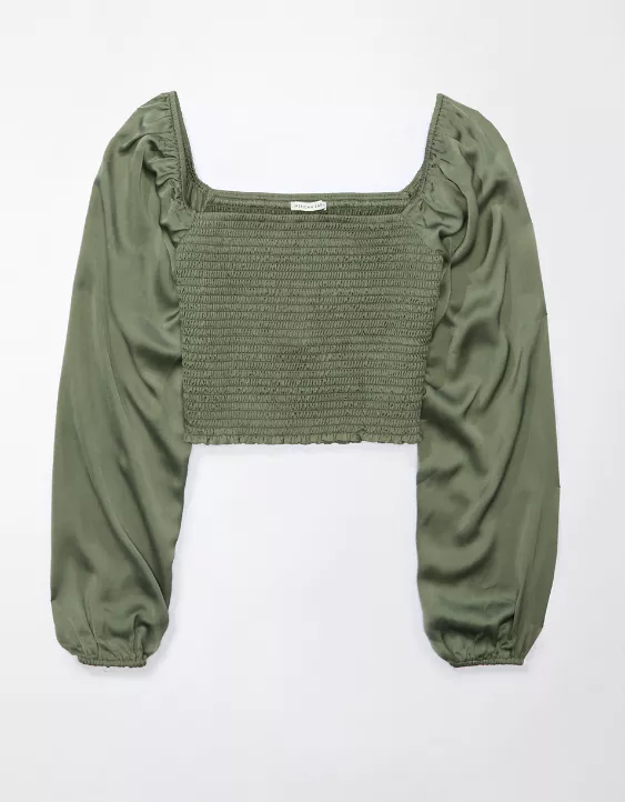 AE Smocked Satin Long-Sleeve Shirt 3 AE Smocked Satin Long-Sleeve Shirt - Image 3