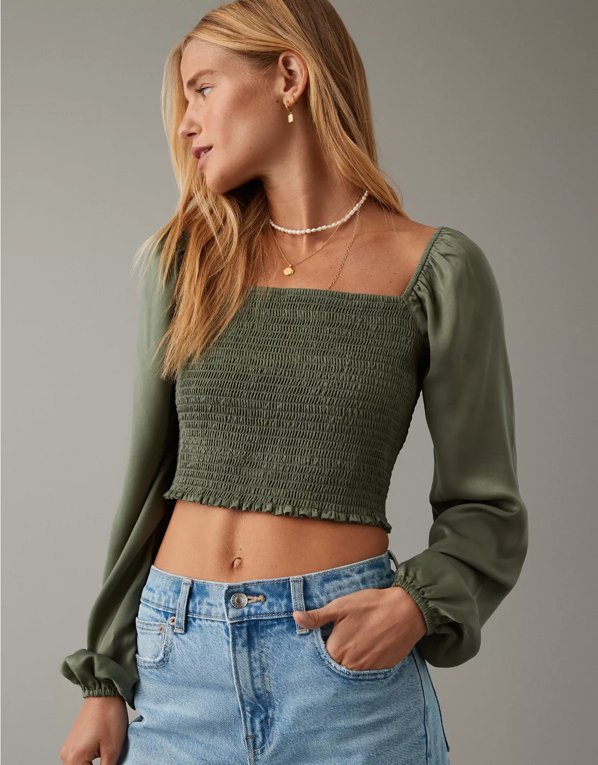 AE Smocked Satin Long-Sleeve Shirt 1 AE Smocked Satin Long-Sleeve Shirt